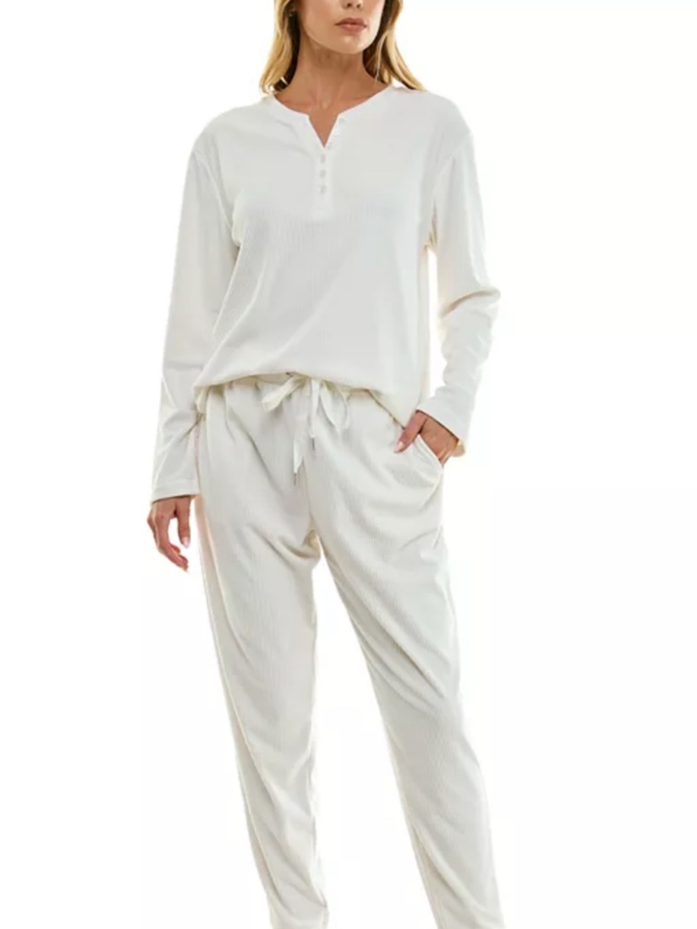 Roudelain Women Ribbed Knit Pajama Set White Large Henley Top Lounge Joggers